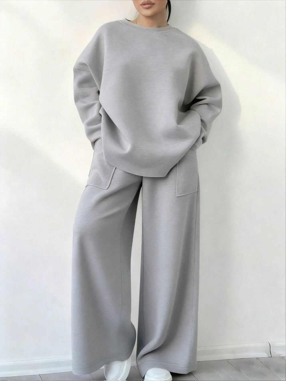 Multicolor Casual Women's Round Neck Long Sleeve Top And Wide Leg Pants Set